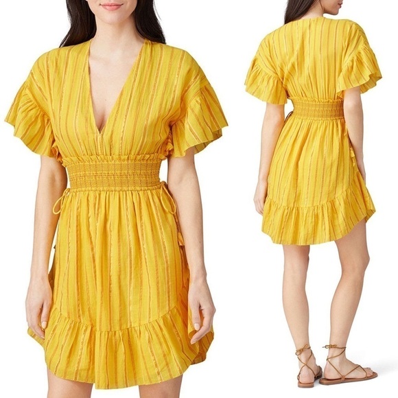 SAYLOR Metallic Stripe Flutter Sleeve V-Neck Smocked Waist Ruffle Hem Dress M - Picture 4 of 8